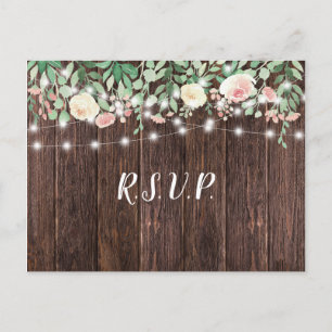 Rustic Wood Blush Floral Lights wedding rsvp Invitation Postcard