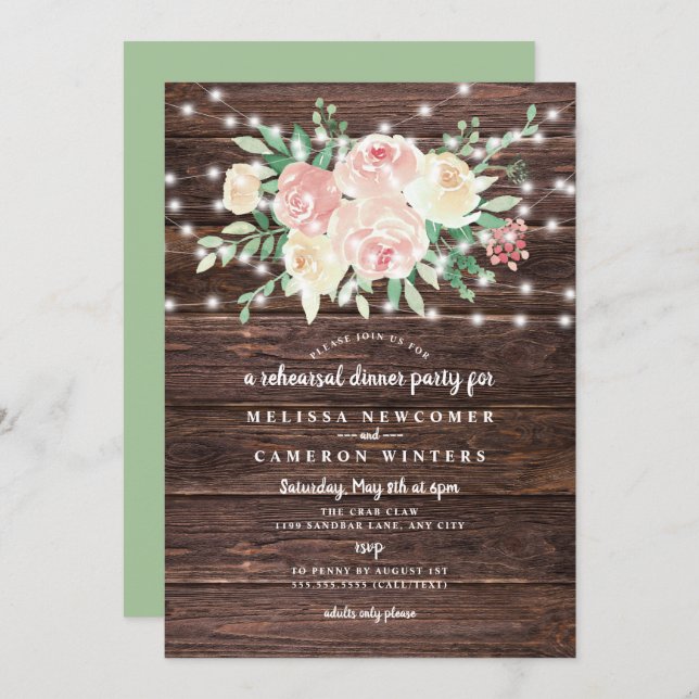 Rustic Wood Blush Floral rehearsal dinner Invitation (Front/Back)