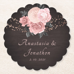 Rustic Wood Blush Floral String Lights Wedding Paper Coaster