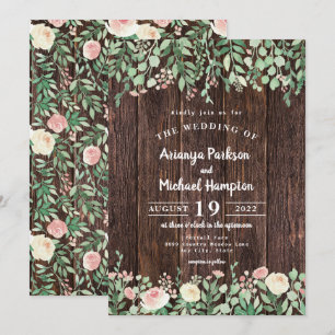 Rustic Wood Blush Floral Wedding Invitation