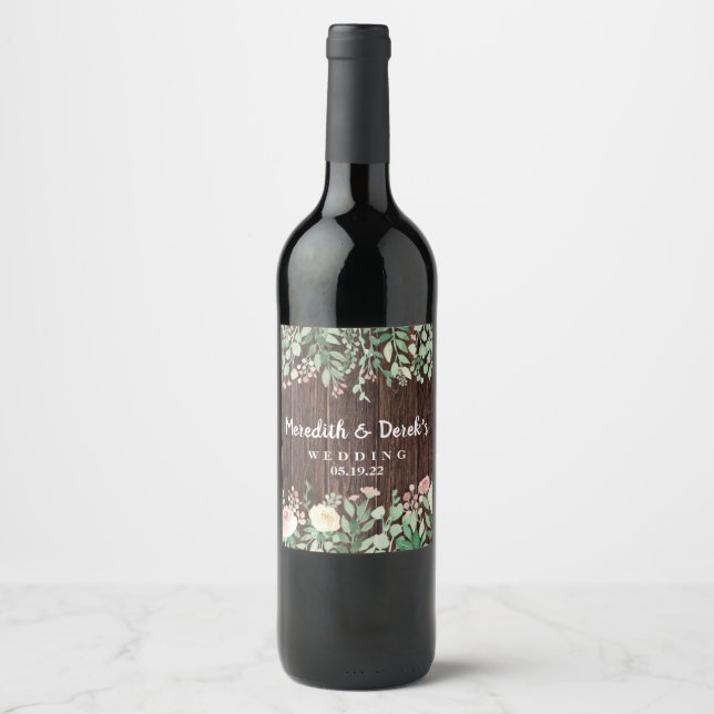 Rustic Wood Blush Floral wedding wine label (Front)