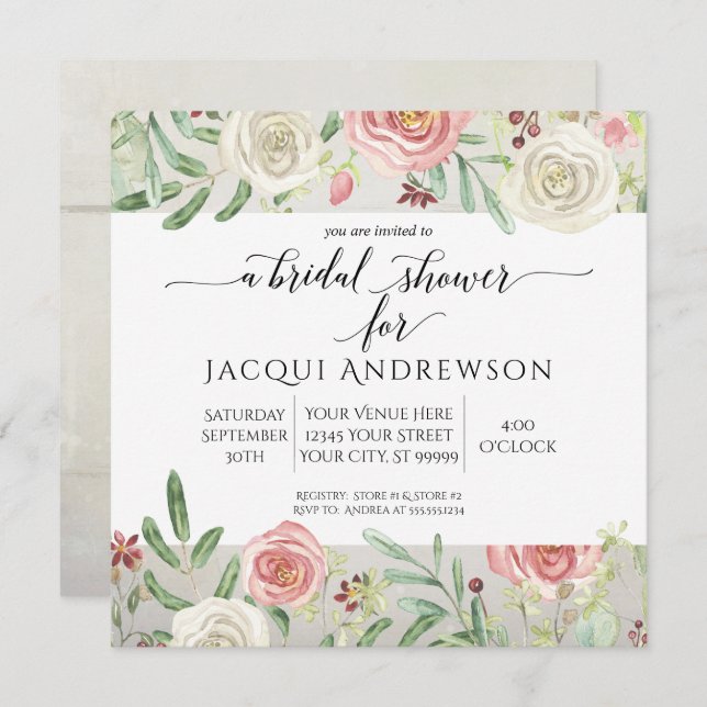 Rustic Wood Blush Ivory Rose Floral Bridal Shower Invitation (Front/Back)