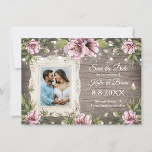 Rustic Wood Blush pink floral photo Save the Date  Invitation