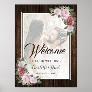 Rustic Wood Blush Pink Floral Photo Welcome Sign