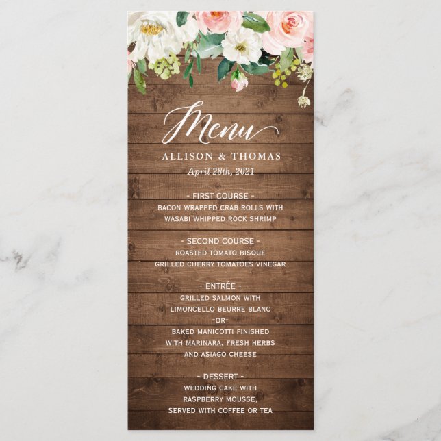 Rustic Wood Blush Pink Floral Wedding Menu (Front)
