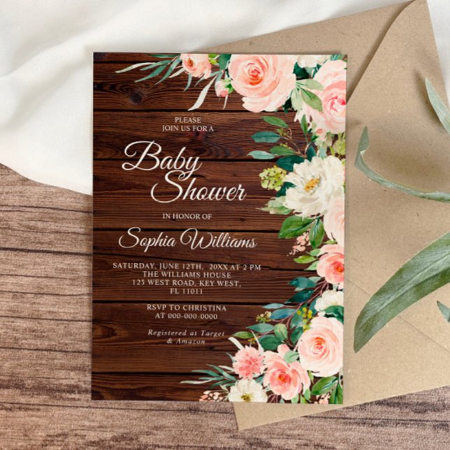  Rustic Wood Blush Pink Flowers Baby Shower Invitation (Creator Uploaded)
