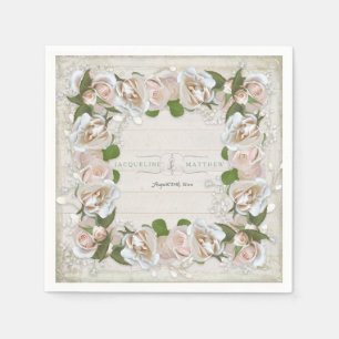 Rustic Wood Blush Pink Wild Rose Floral Art Wreath Napkin