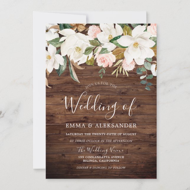 Rustic Wood Blush & White Floral Wedding Invitation (Front)