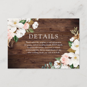 Rustic Wood Blush & White Flowers Wedding Details Enclosure Card