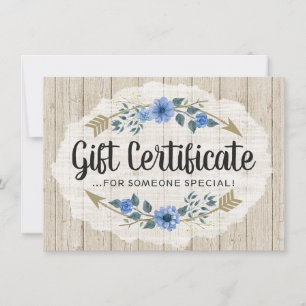 Rustic Wood & Bohemian Arrow Gift Certificate Card