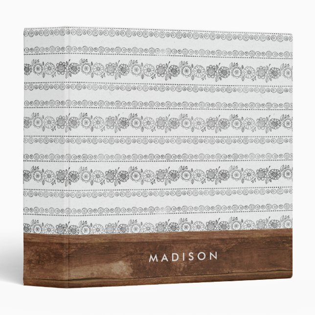 Rustic Wood Bohemian Boho Chic Floral White Modern Binder (Front/Spine)
