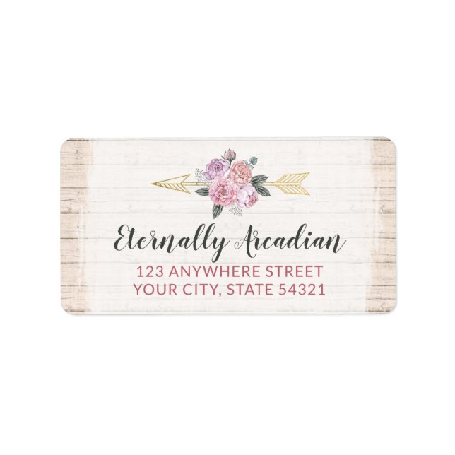 Rustic Wood Bohemian Floral Arrow Pink Address Label (Front)