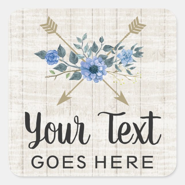 Rustic Wood & Bohemian Watercolor Floral Arrows Square Sticker (Front)