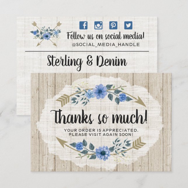 Rustic Wood & Bohemian Watercolor Thank You Card (Front/Back)