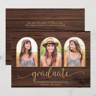 Rustic Wood Boho Arch Gold 3 Photo Graduation Invitation