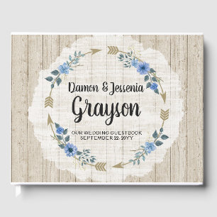 Rustic Wood Boho Arrows & Blue Floral Wedding Guest Book