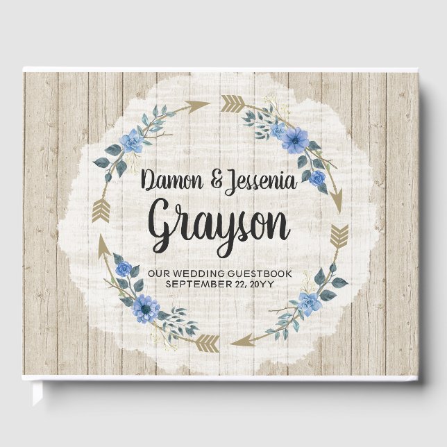 Rustic Wood Boho Arrows & Blue Floral Wedding Guest Book (Front)