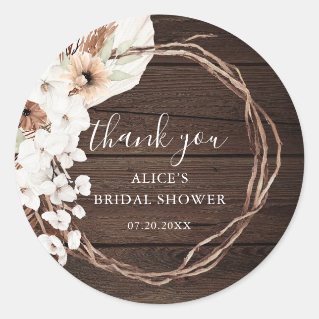 Rustic Wood Boho Floral Bridal Shower Classic Round Sticker (Front)