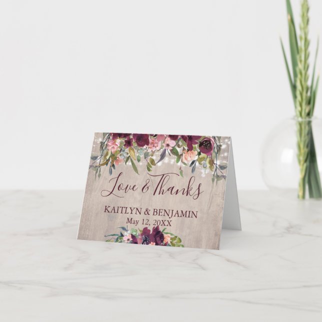Rustic Wood Boho Floral Lights Love & Thanks Thank You Card (Front)