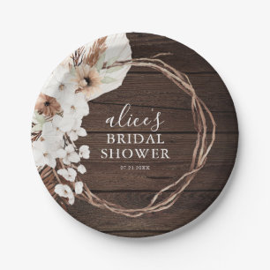 Rustic Wood Boho Floral Script Bridal Shower Paper Plate
