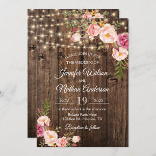 Rustic Wood Boho Floral String Lights Wedding Invitation