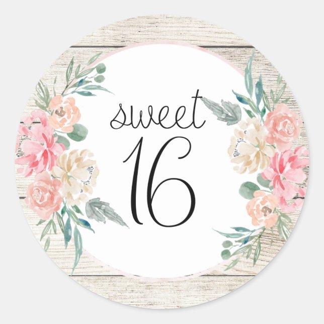 Rustic Wood Boho Floral Sweet 16 Birthday Classic Round Sticker (Front)