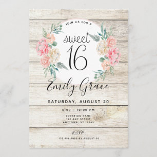 Rustic Wood Boho Floral Sweet 16 Birthday Invite