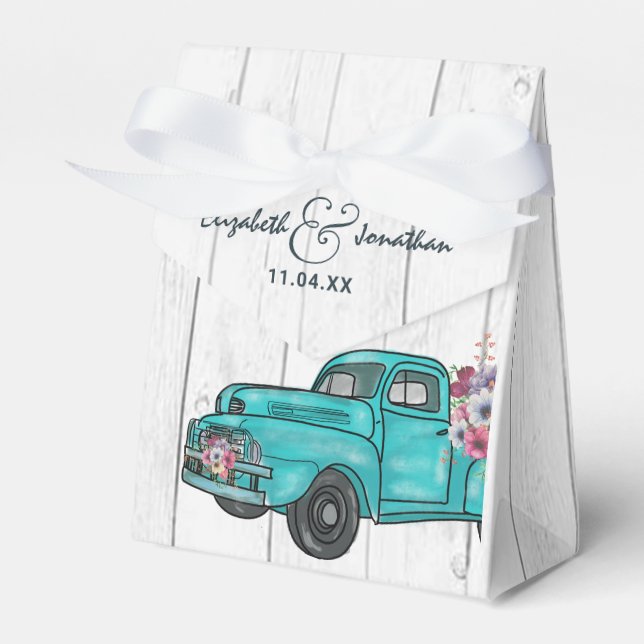 Rustic Wood Boho Floral Teal Truck Wedding Favor Box (Front Side)