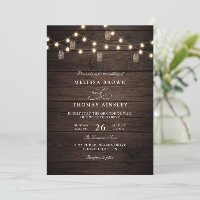 Rustic Wood Boho Modern Fall QR Code Wedding Invitation (Standing Front)