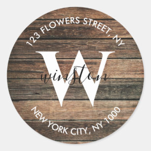 Rustic Wood Boho Monogram Return Address Classic Round Sticker