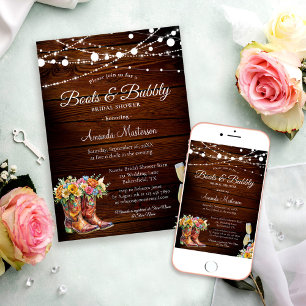 Rustic Wood Boots and Bubbly Western Bridal Shower Invitation