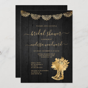 Rustic Wood Boots Lace Black Gold Bridal Shower Invitation