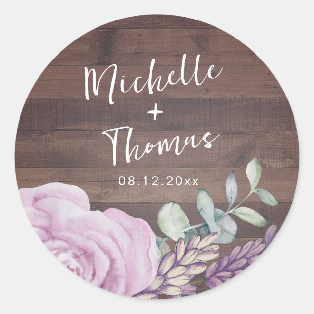 Rustic Wood Botancial Wedding Classic Round Sticker (Front)