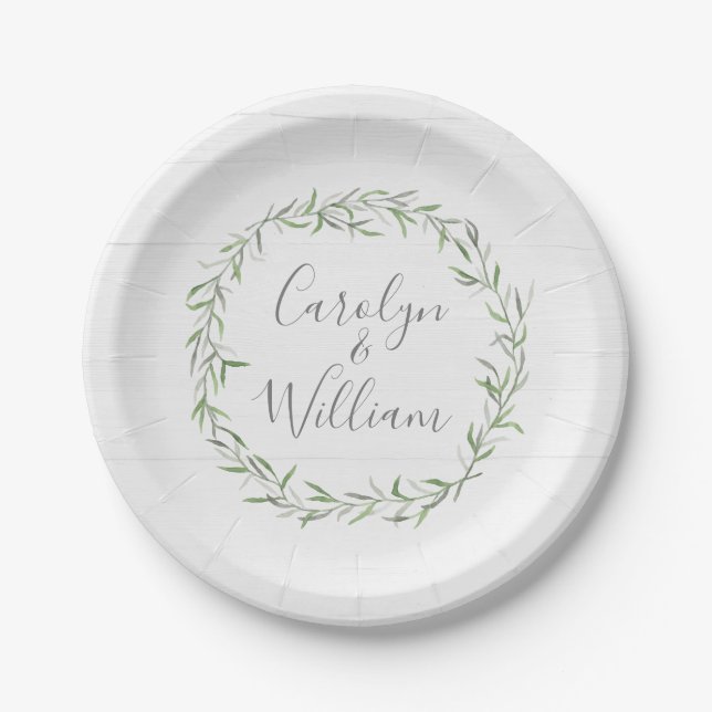 Rustic Wood & Botanical Leaves Wreath Wedding Paper Plate (Front)