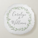 Rustic Wood & Botanical Leaves Wreath Wedding Round Pillow<br><div class="desc">Elegantly simple, naturally chic. Graceful watercolor branches and leaves pair with rustic, weathered wood to create a timeless wedding design with classic elegance. • Customize it! Follow the template to easily add your own text, or click the "Customize" button to make in-depth changes including font, text size, colour and placement....</div>