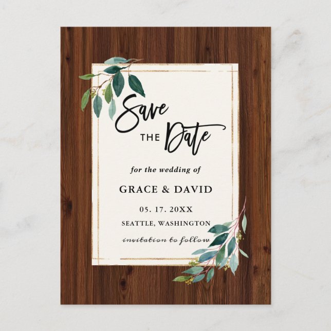 Rustic Wood Botanical Photo Wedding Save the Date Postcard (Front)
