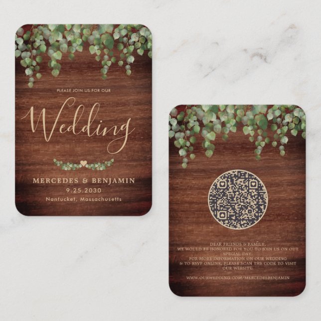 Rustic Wood Botanical QR Code Wedding Invitation (Front/Back)