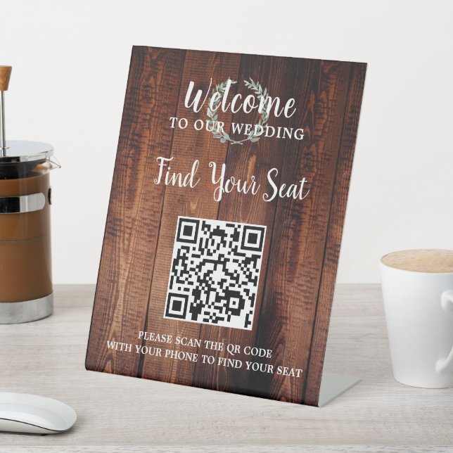 Rustic wood botanical QR code wedding seating Pedestal Sign (In SItu)