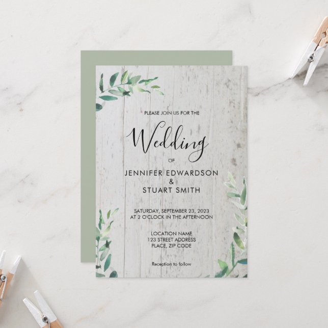 Rustic wood botanical watercolor leaves wedding invitation (Front/Back In Situ)