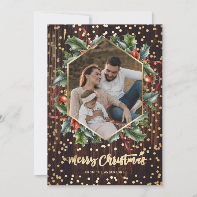 Rustic Wood Botanical Wreath Photo Christmas Cards (Front)