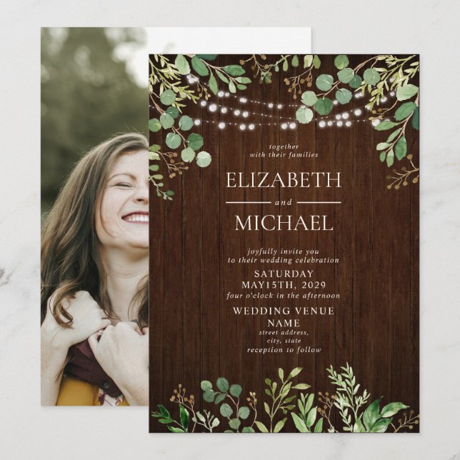 Rustic Wood Botanicals String Lights Photo Wedding Invitation (Front/Back)