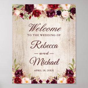 Rustic Wood Bourgogne Floral Mariage Affiche de bi