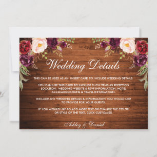 Rustic Wood Bourgogne Floral Mariage Détails Carte