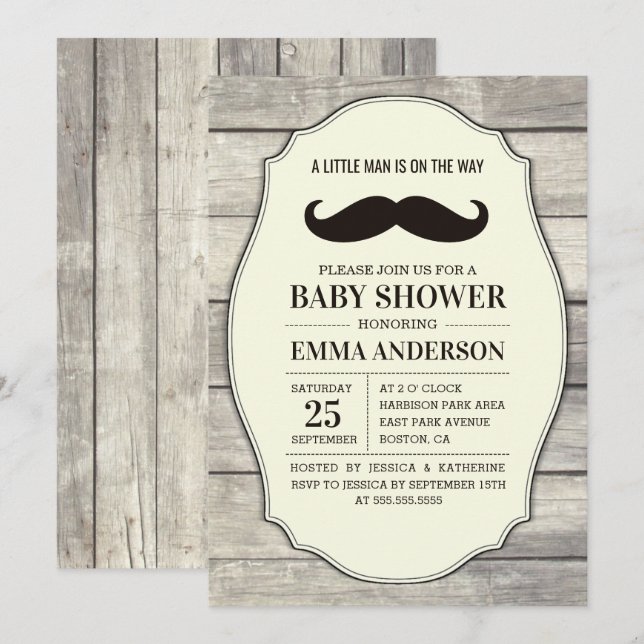 Rustic Wood Boy Baby Shower Invitation - Moustache (Front/Back)
