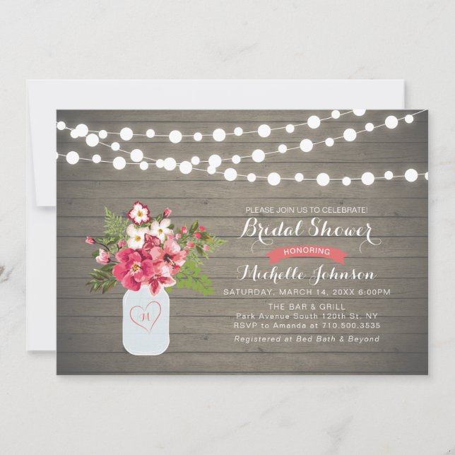 Rustic Wood Bridal Shower Invitation, Mason Jar Invitation (Front)