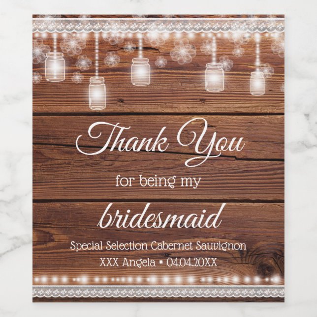 Rustic Wood Bridal Thank You Lace Wine Label (Single Label)