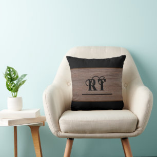 Rustic Wood Brown and Black Monogram  Throw Pillow