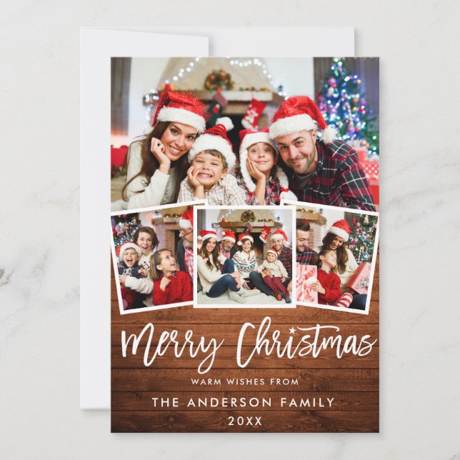 Rustic Wood Brush Script Star 4 Photo Christmas Holiday Card (Front)