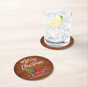 Rustic Wood Brush Script Vintage Truck Christmas Round Paper Coaster
