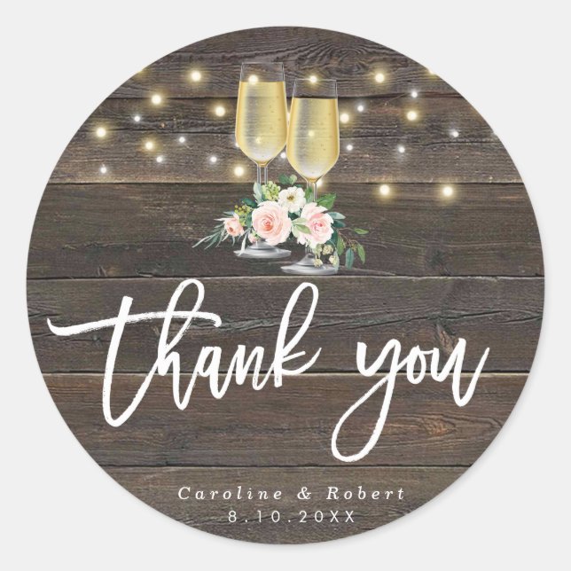 rustic wood bubbly wedding thank you sticker (Front)